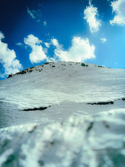 A snow covered mountain with a blue sky and clouds
