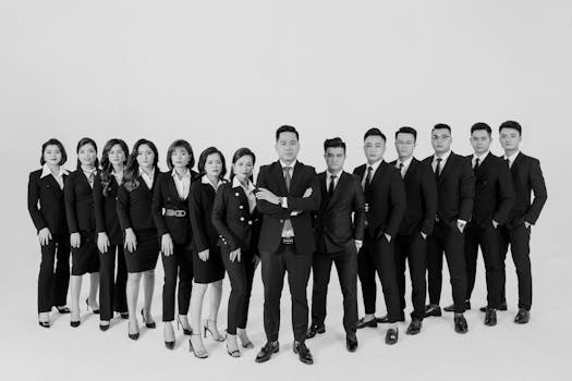 Black and white portrait of a diverse business team in a studio setting.