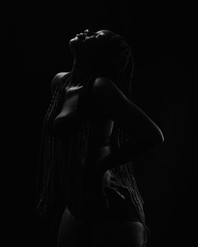 Artistic silhouette of a woman with braids posing in lingerie against a dark background.