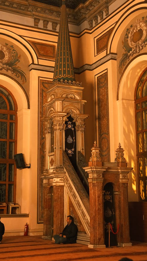 A church with a staircase and a clock