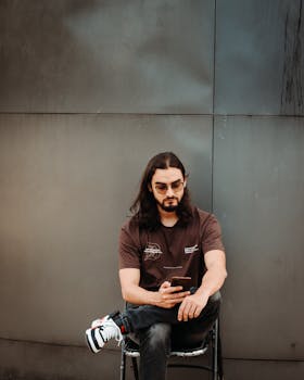 A fashionable man with long hair and glasses texts on a smartphone while seated outside on a chair.