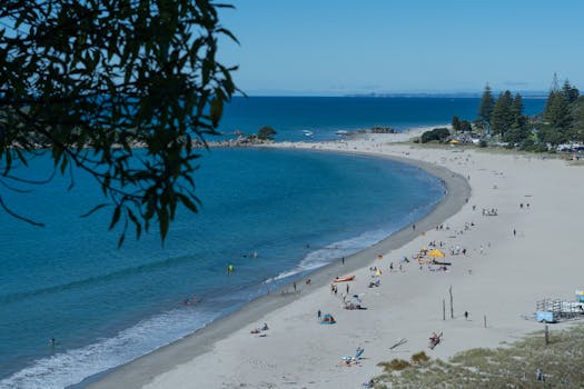 Stunning aerial view of a sunny beach at Mount Maunganui, New Zealand, perfect for leisure and relaxation.