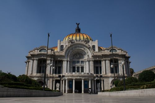 Free Exterior view of the stunning Palace of Fine Arts, a landmark in Mexico City. Stock Photo