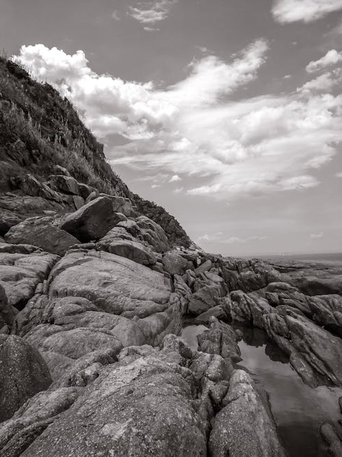 Black and white photo of rocky shoreline