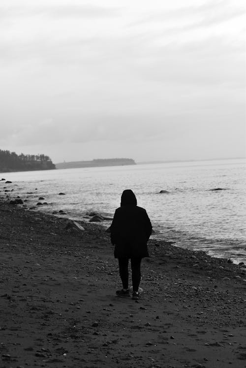 Free A person walking along the beach in black and white Stock Photo