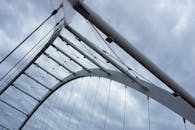 在多云天空的映衬下，现代钢桥结构的特写视图展现了当代设计与几何形状