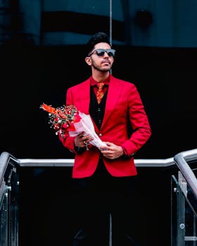 斋浦尔一位戴着太阳镜、穿着红色西装外套、手持花束的时尚男子