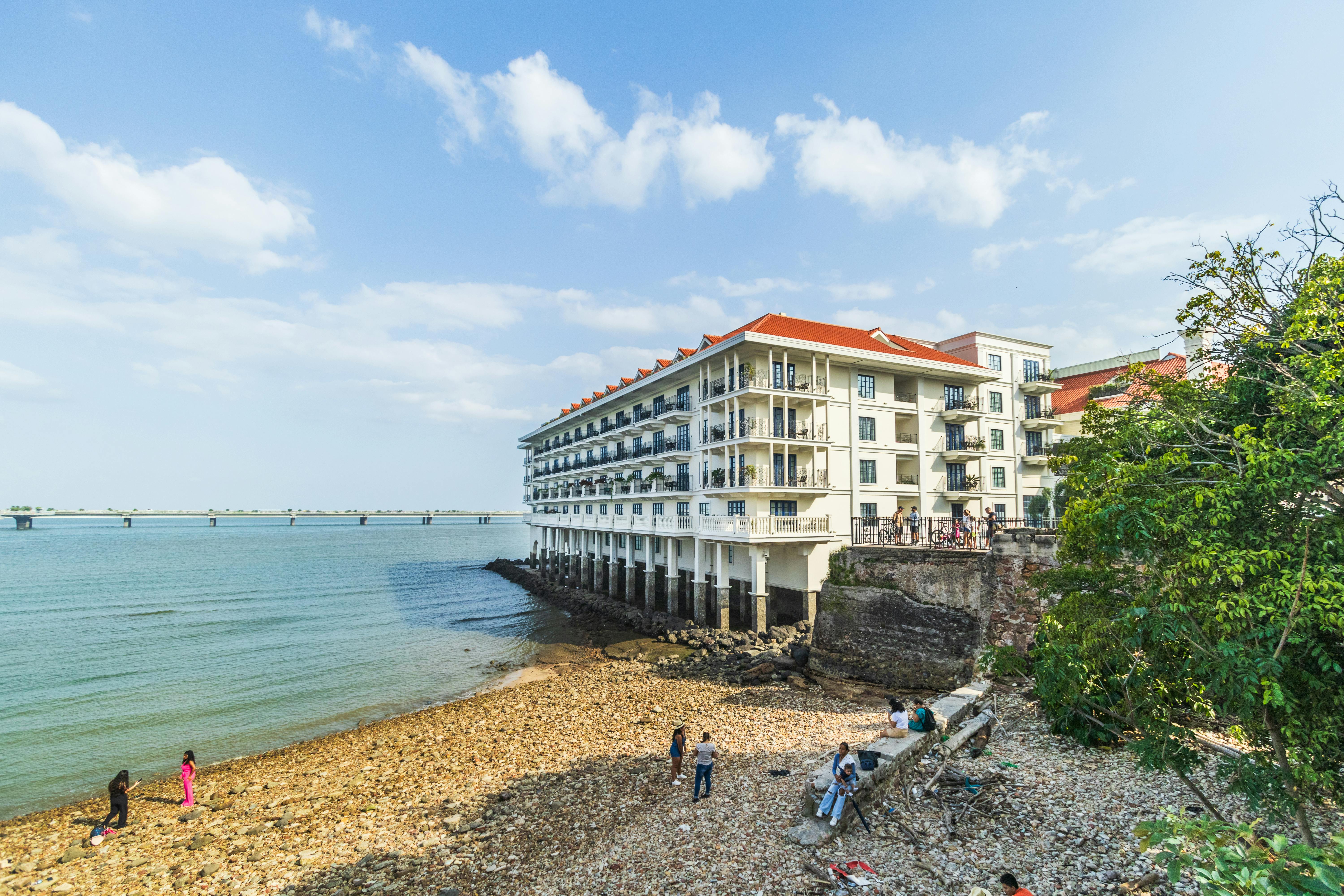 Scenic view of a colonial beachfront hotel in Casco Viejo, Panama City.