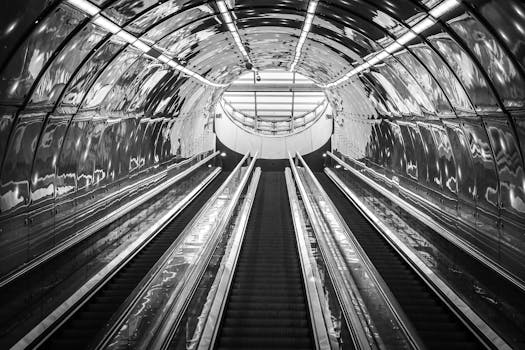 这张黑白照片展现了现代自动扶梯隧道，其金属表面反光，设计时尚
