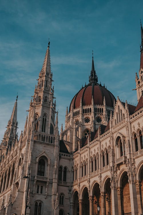 The budapest parliament building with spires