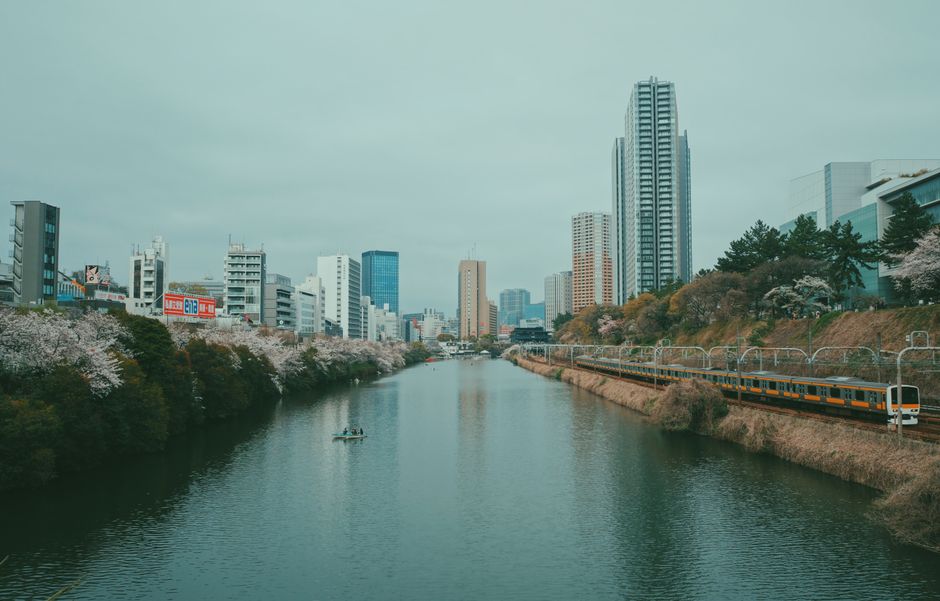 A scenic view of Tokyo's urban skyline, river, and cherry blossoms in spring.