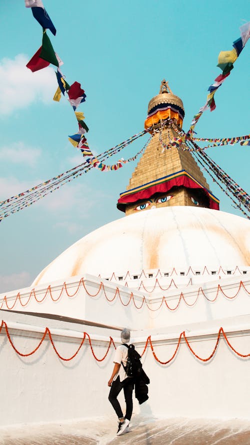 Free stock photo of backpacker, blue sky, bouddhanath