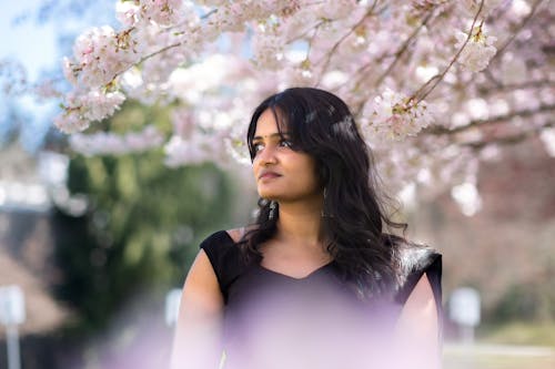 Free A woman in black dress standing under a tree Stock Photo