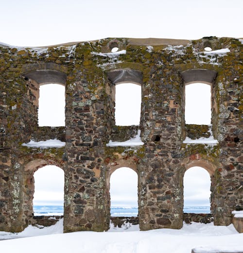 The ruins of an old building in the snow