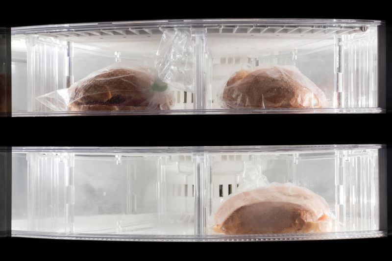 person quickly checking through a tidy office fridge