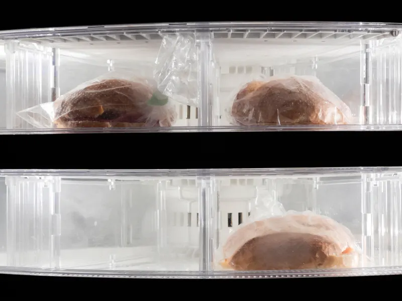 Frozen sandwiches wrapped in plastic inside a freezer that needs repair Frozen sandwiches wrapped in plastic inside a freezer that needs repair