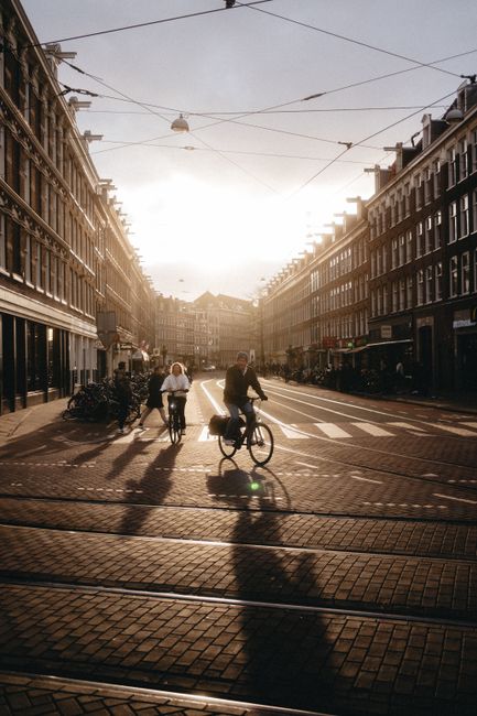 Cyclists ride through a sunlit street in Amsterdam, capturing the vibrant urban life at sunset.
