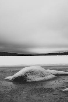 Black and white winter scene of a snow-covered lake with overcast skies.