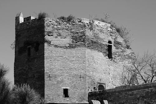 A black and white photo of an old building