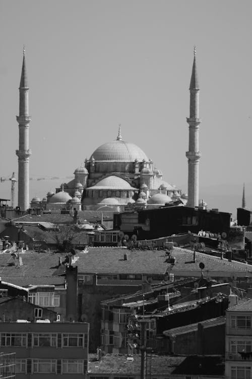 A black and white photo of a mosque