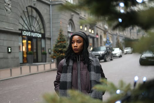 一位时尚女性身着冬装，站在城市街道上，靠近一家奢侈品商店