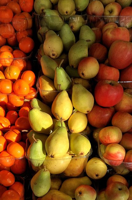 Delicious arrangement of mandarins, pears, and apples highlighted by natural sunlight.