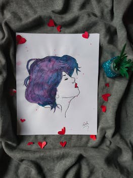 这幅被红心包围的艺术水彩肖像，展现了创造力和风格