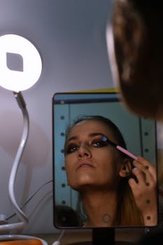 A woman using a makeup brush in front of a mirror with ring light. Indoor beauty routine.