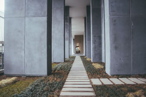 Free A path lined with tall columns and greenery exemplifies modern architectural design. Stock Photo