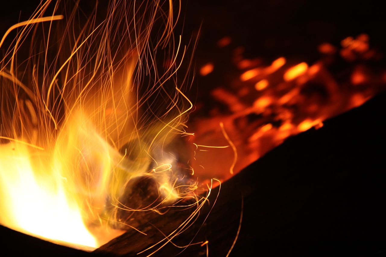 long exposure shot of dynamic flames and sparks creating a warm atmosp