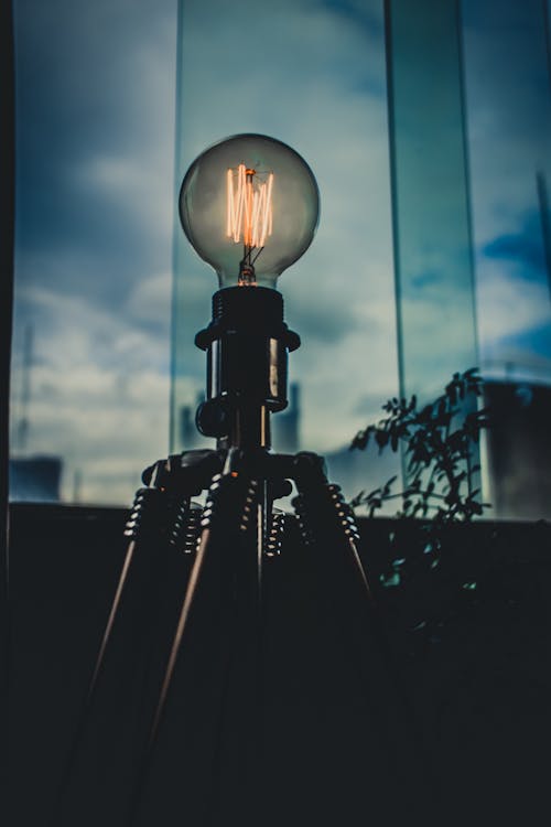 Free Light Bulb Near Glass Pane Inside Room Stock Photo