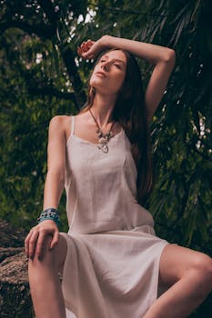 一位身着白色礼服的时尚女性，优雅地在郁郁葱葱的绿植间摆出姿势