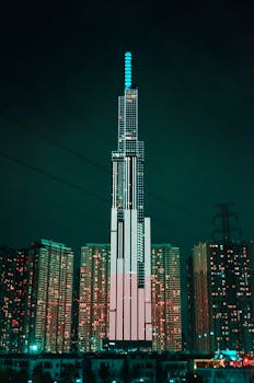 越南胡志明市的地标81摩天大楼在夜间亮起灯光