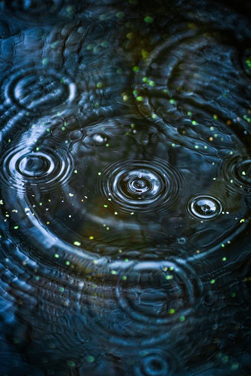 A close up of water droplets in a dark blue background