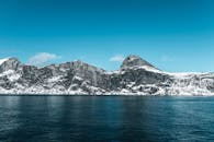 在晴朗的天空下，宁静的蓝色湖泊被白雪皑皑的山脉俯瞰着