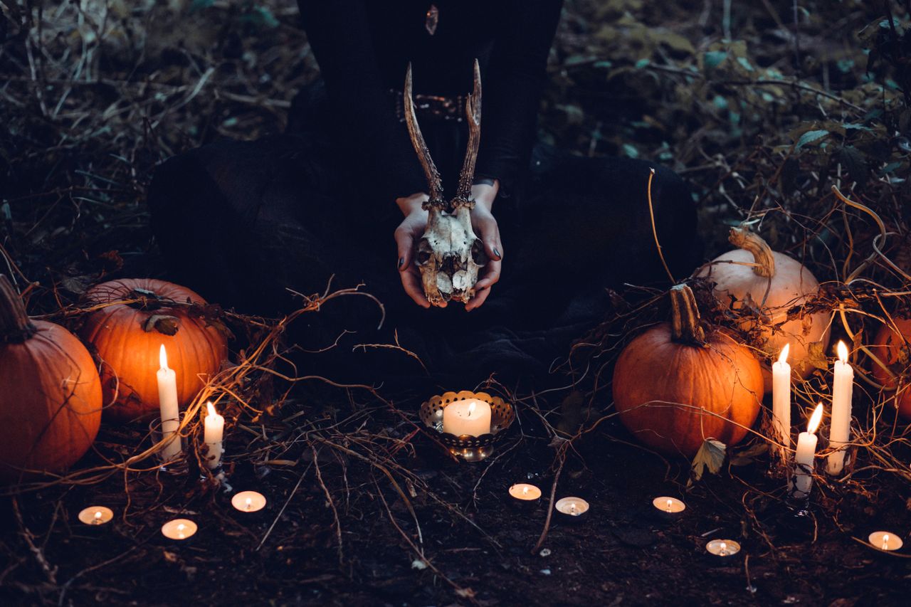 eerie halloween scene with pumpkins candles and a skull perfect for cr