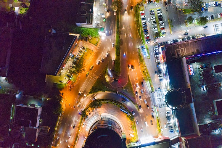 Aerial View Of Vehicles On Road At Night