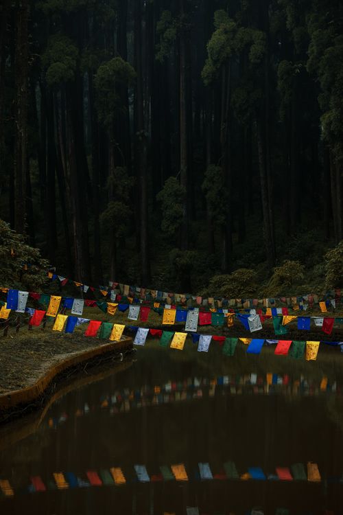 Free Vibrant prayer flags reflect on a serene lake in Darjeeling, India. Stock Photo