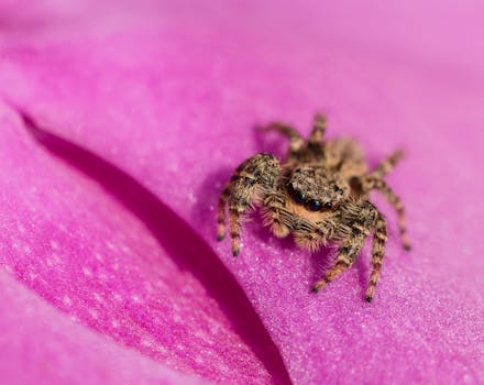 一张特写图捕捉了一只跳跃的蜘蛛在充满活力的粉红色花瓣上探索