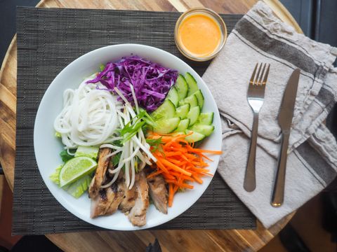 Rice Noodle Bowl With Grilled Chicken and Lime. Photo by Jer Chung on Pexels