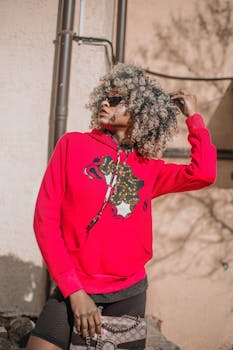 一位穿着红色连帽衫、戴着太阳镜的时尚女子在户外自信地摆出姿势