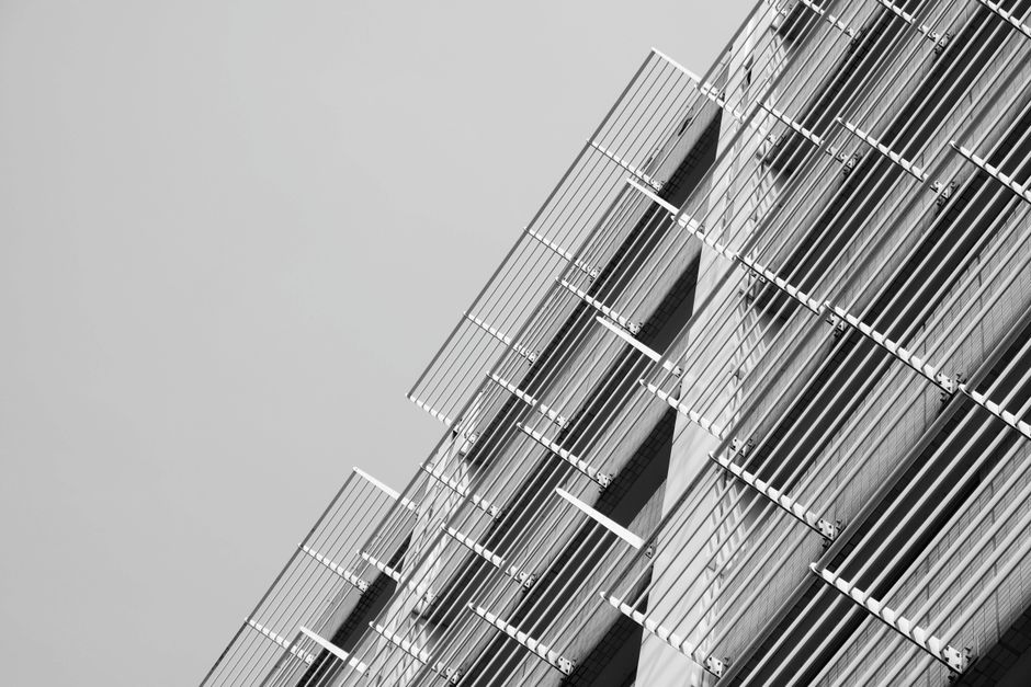 Monochrome image showcasing the geometric facade of a building in Taipei, Taiwan.