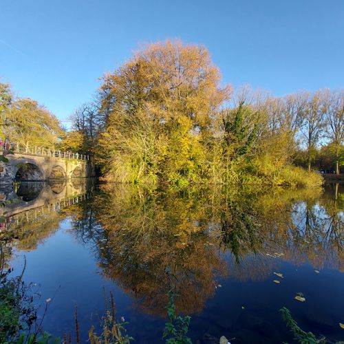 Free Beautiful autumn scene with a stone bridge reflecting in a calm river. Stock Photo