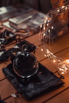 串灯环绕着木桌上的迷人水晶球，营造出神秘的氛围