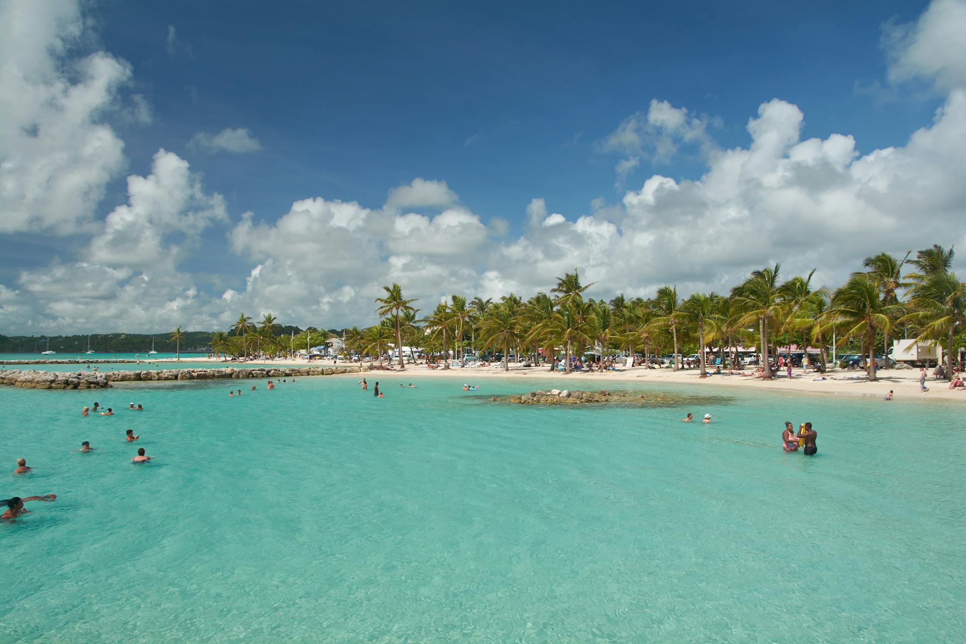 Idyllic tropical beach with palm trees and turquoise waters in Sainte-Anne, ideal for vacation and leisure activities.