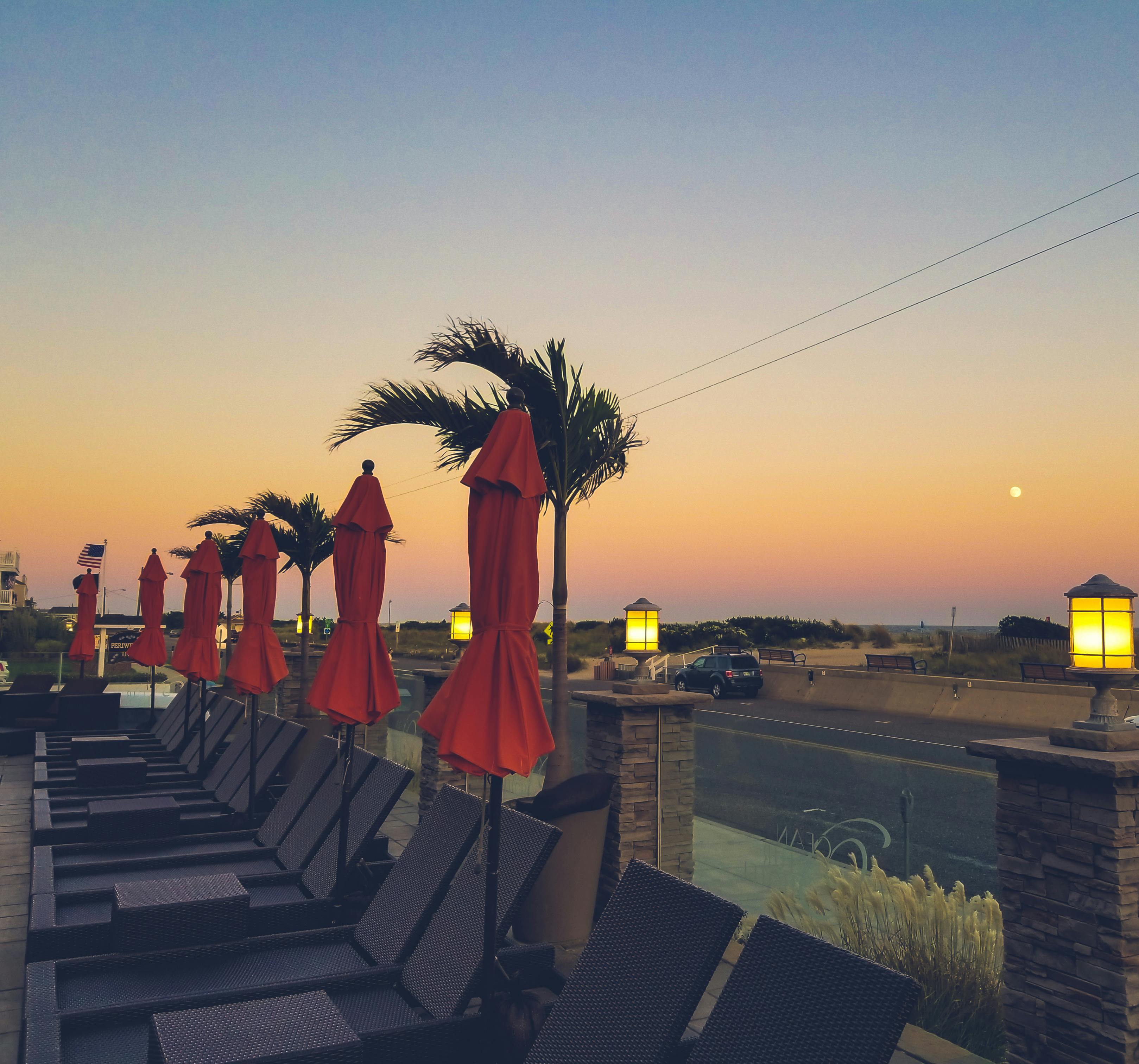 黄昏时分，新泽西州梅角的户外度假胜地宁静宜人，摆放着躺椅和棕榈树