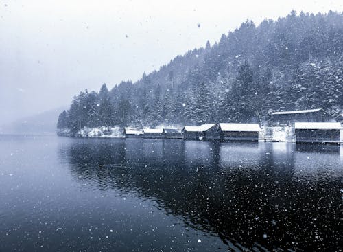 Free A snowy scene with a lake and houses Stock Photo