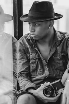 黑白肖像中，一名戴着软毡帽的人，在窗户倒影前拿着相机