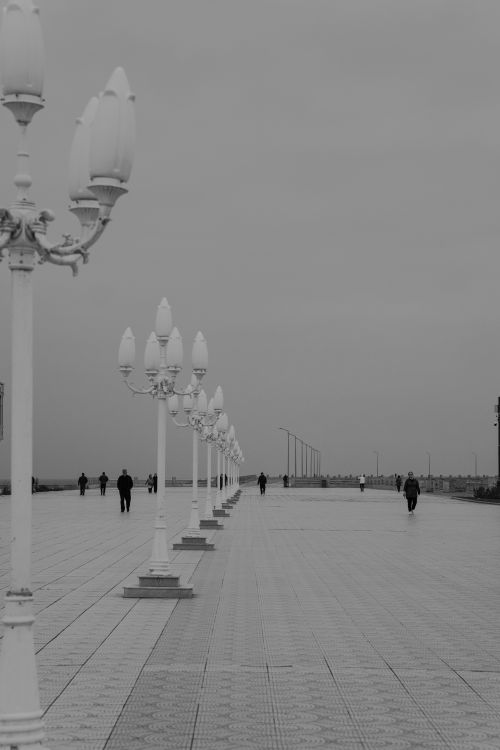 Free A black and white photo of a city promenade with street lamps and walking people. Stock Photo