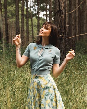 白天，时尚的女人在郁郁葱葱的森林草地上享受大自然